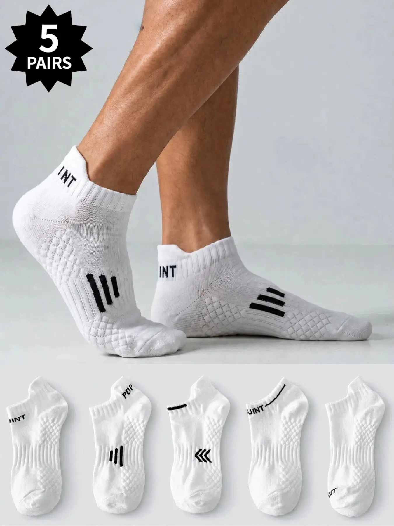 5-Pair Pack of Professional Sports Socks for Men and Women: White Low-Cut Anti-Slip, Shock-Absorbing, and Massaging-Sole Ankle Socks—Versatile Socks for Running and Fitness