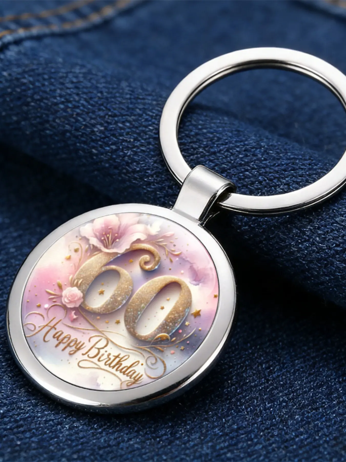 Vintage Romantic Style 60th Birthday Keychain, 2D Flat Pattern, Shiny Metal Alloy Accessory, Fashionable Gift for Friends and Colleagues
