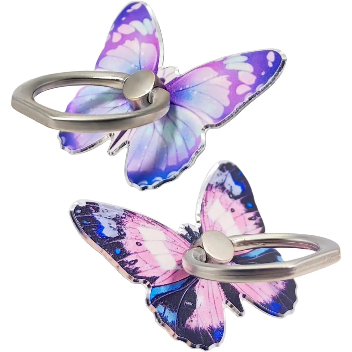 2 Pcs Butterfly Cell Phone Ring Stand Holder, Cute Butterfly Design Finger 360 °   Rotating Metal Hand Phone Stand Holder, with Adjustable Knob Loop (Purple, Blue)