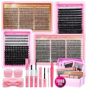 RITALASH 1088PCS D Curl Gift Cluster Lash Kit DIY Individual Eyelashes Large Capacity Lashes Mixed Color Black and Brown Lashes Soft And Comfortable Anime False Eyelashes Kit DIY at Home with Bond and Seal Tweezer Cluster Lash Remover and Lash Brush