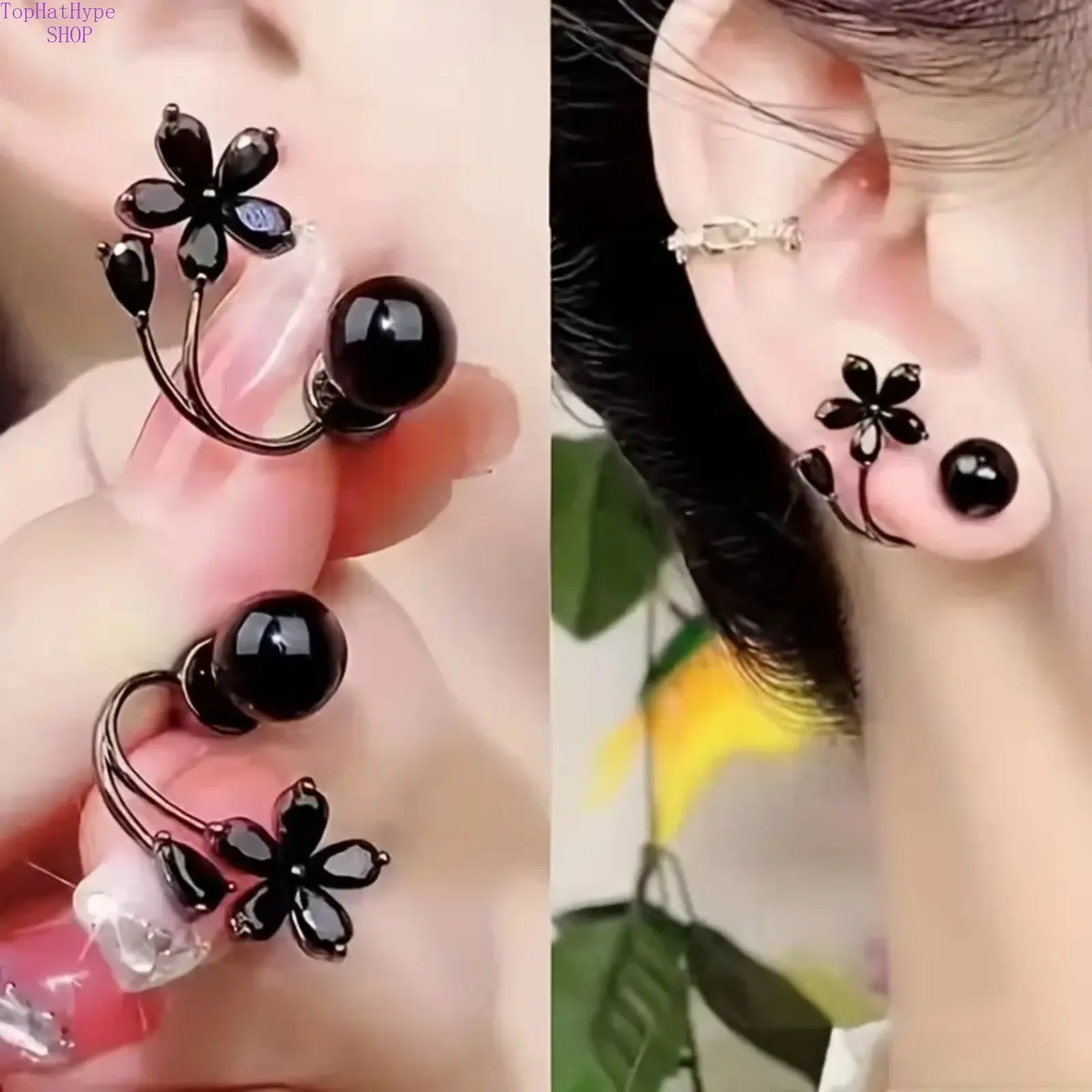 A Pair of Black Tulip Earrings, Minimalist U-Shaped Black Tulip Stud Earrings