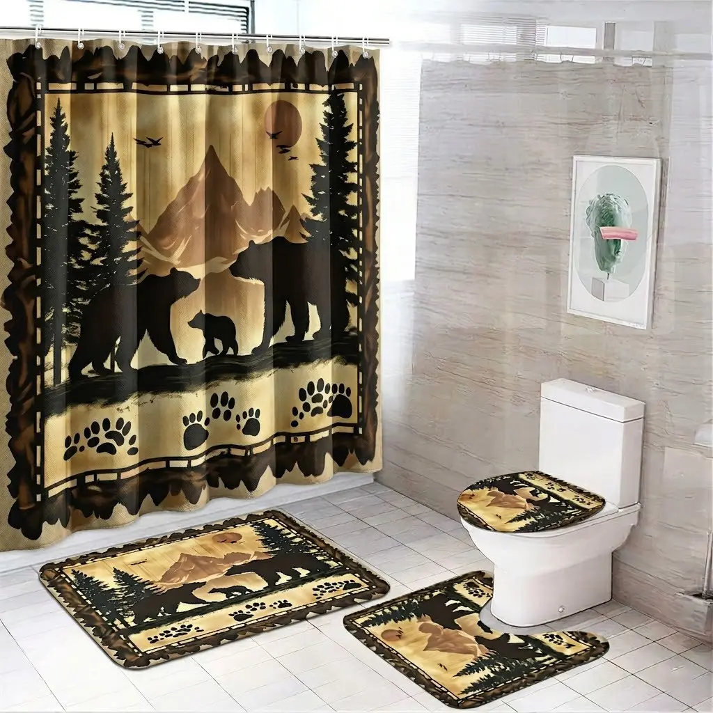 4pcs Rustic Wilderness Bathroom Decor Set, Bear Family Shower Curtain, Forest Landscape, Pine Trees, Mountains, Paw Print Toilet Seat Cover & Bath Mats, Shower Curtain Set With Rugs