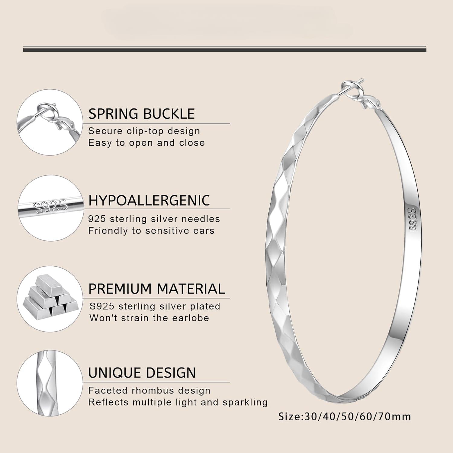 Silver Hoop Earrings for Women 925 Sterling Silver Hoop Earrings Hypoallergenic Large Silver Hoop Earrings Lightweight Big Silver Hoop Earrings for Women 30/40/50/60/70MM