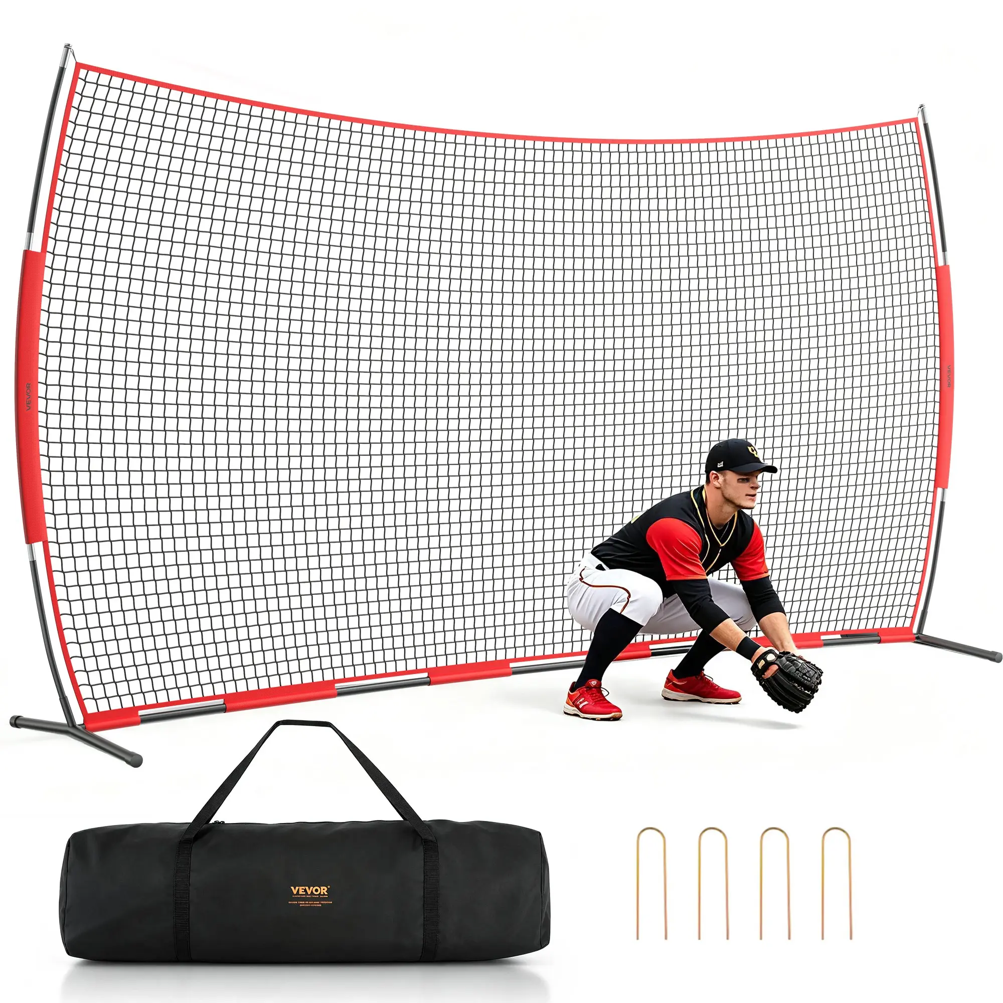 VEVOR Barricade Backstop Net, 20x10 ft Ball Sports Barrier Netting, Portable Practice Equipment with Carry Bag, Protection Screen for Baseball Softball Lacrosse Soccer Hockey Training, for Backyard