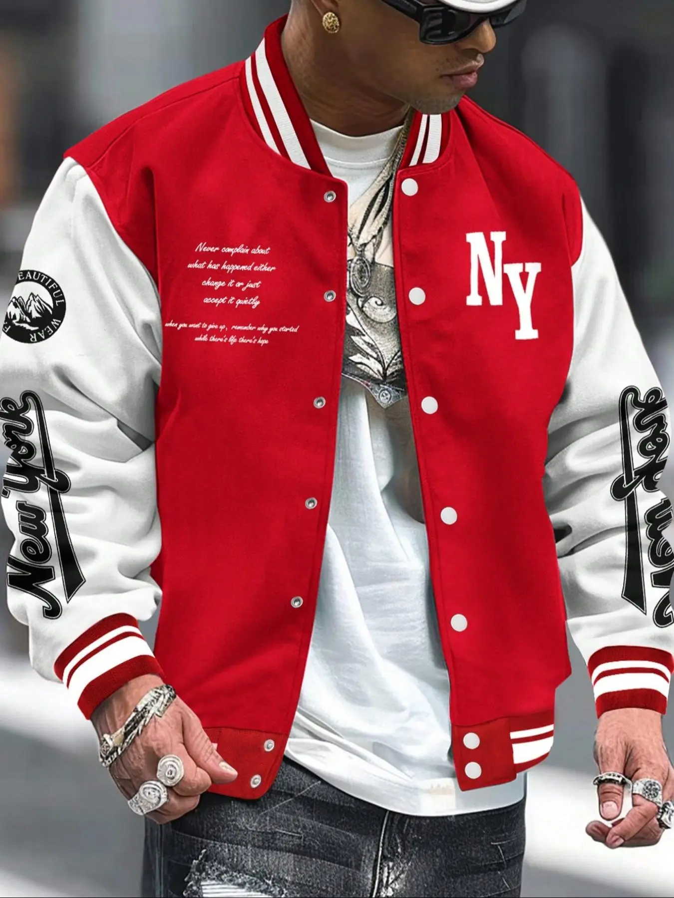 Men's Colorblock & Letter Print Button Front Pocket Varsity Jacket, Regular Fit Casual Drop Shoulder Mock Neck Outerwear for Fall & Winter, Men's Clothes for Daily Wear