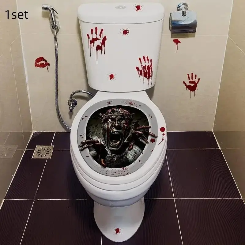 Halloween Zombie Scream Face Toilet Seat Sticker, Self-Adhesive Plastic Toilet Lid Decal, Spooky Bathroom Decor Supplies & Restaurant Decor, Easy Peel & Stick