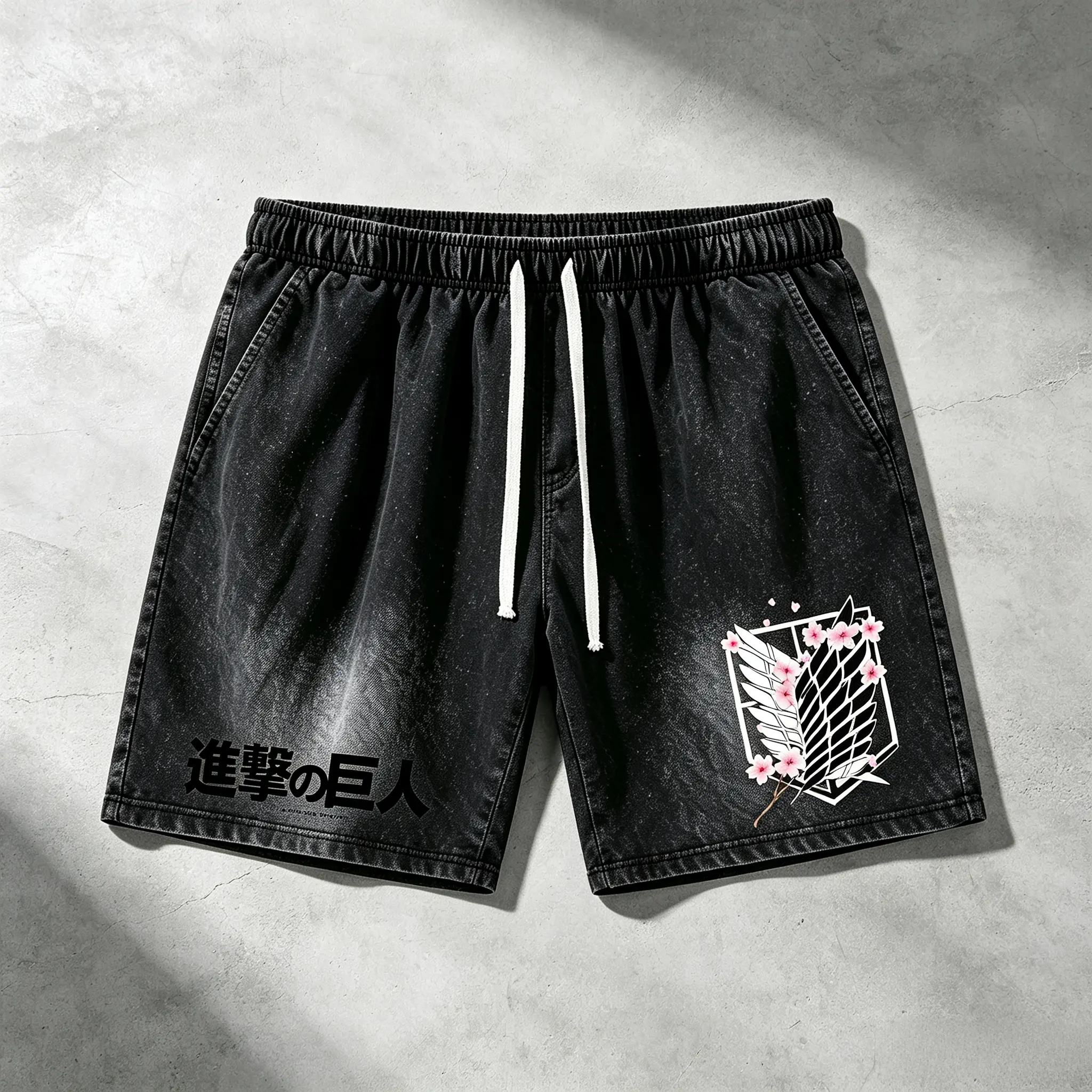 Vintage Washed Anime Graphic Shorts,Survey Corps Wings Of Freedom Sakura Print, Elastic Waist Drawstring Casual Loose Shorts With Side Pockets For Summer Street Outfit Vacation Outfits Shorts,Unisex Street Fashion