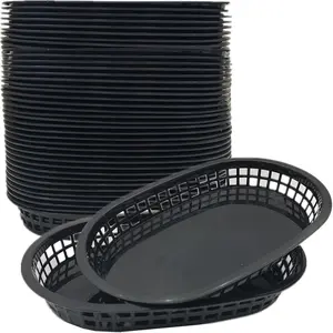40 Pack Fast Food Baskets, Reusable Deli Fast Food Storage Basket, 10.5 x 7 Inch Black Plastic Baskets, Foods Service Tray Holde for Easter, Fruit, Hot Dogs, Burgers, Fries, Snacks,Picnic