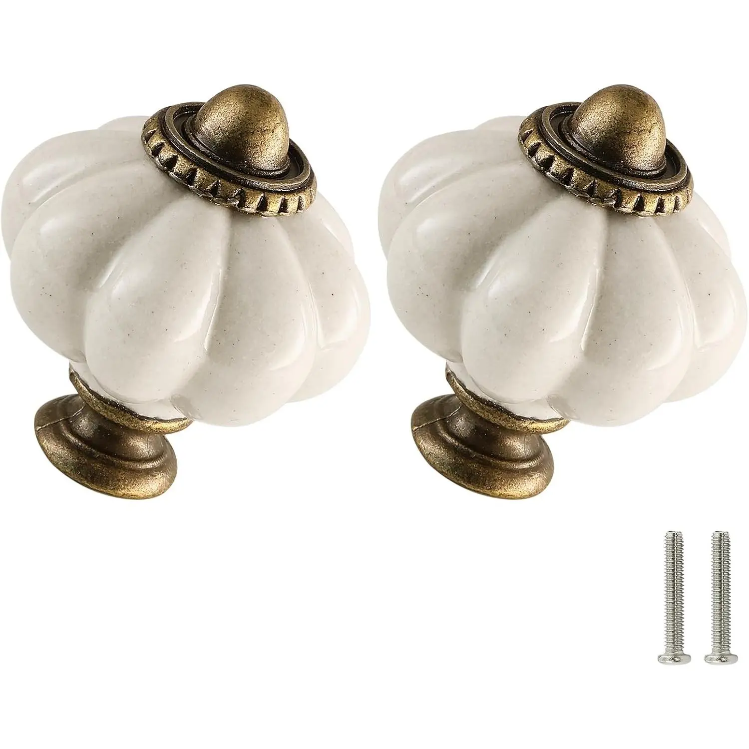 2 Pack Antique White Pumpkin Ceramic Cabinet Knobs, Vintage Drawer Pulls with Screws for Closet Drawer Cupboard Dresser DIY Home Project