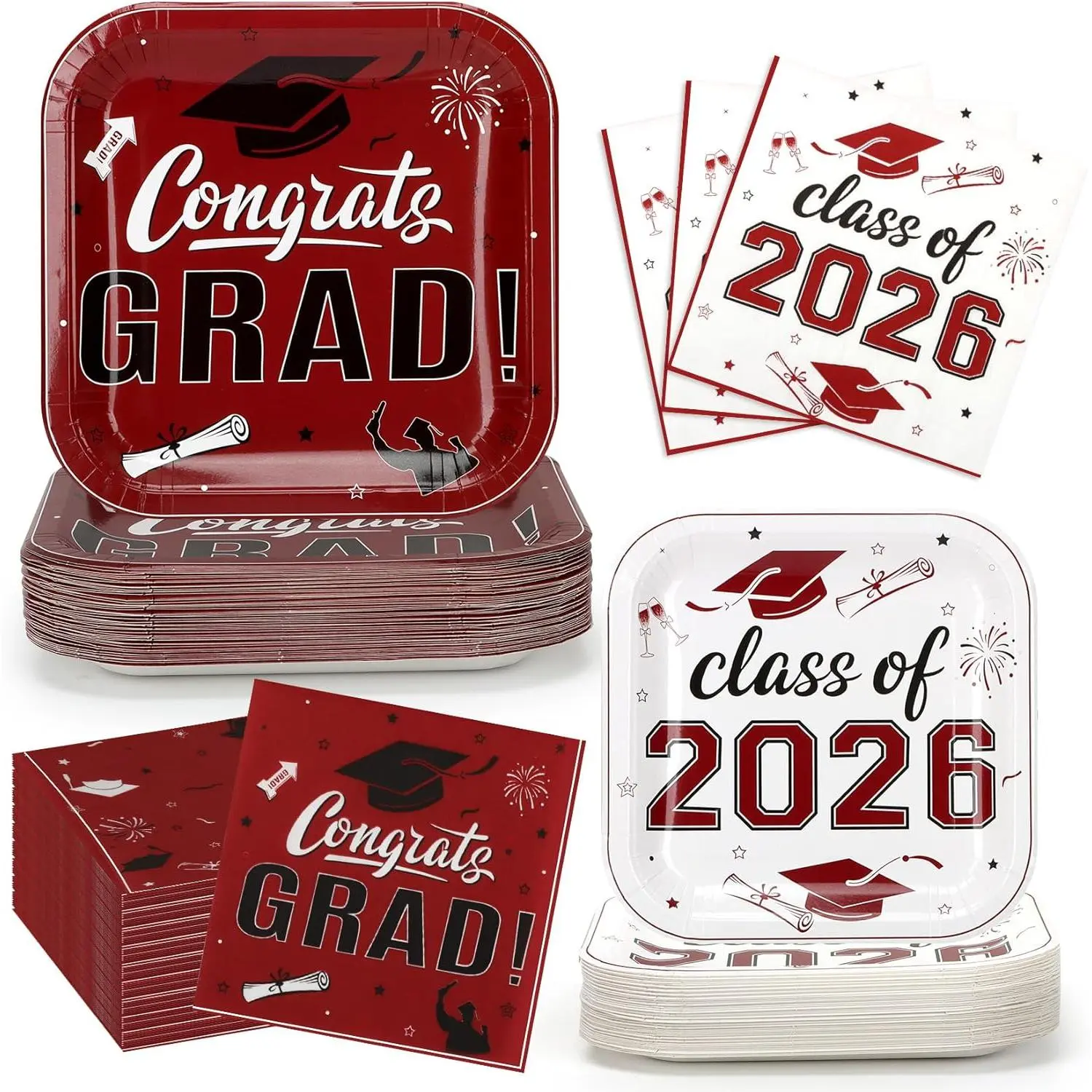 Graduation 2026 Party Supplies - Disposable 9" Square Burgundy Dinner Plates, 7" Dessert Plates, Napkins Tableware Set for 50 Guests, Disposable Plates