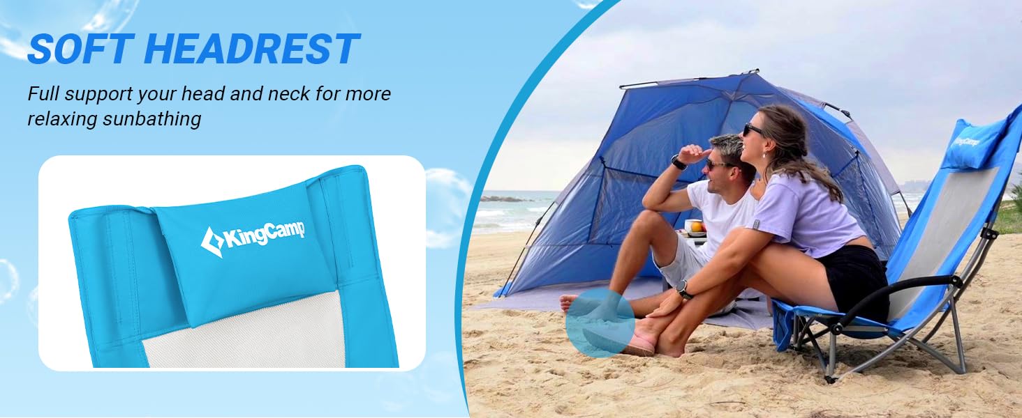 KingCamp Low Beach Chair, High Back Folding Camping Chair for Adults, Oversized Breathable Mesh Seat, 300lbs Heavy Duty Portable Chair with Cup Holder & Storage Pockets for Beach, Outdoor