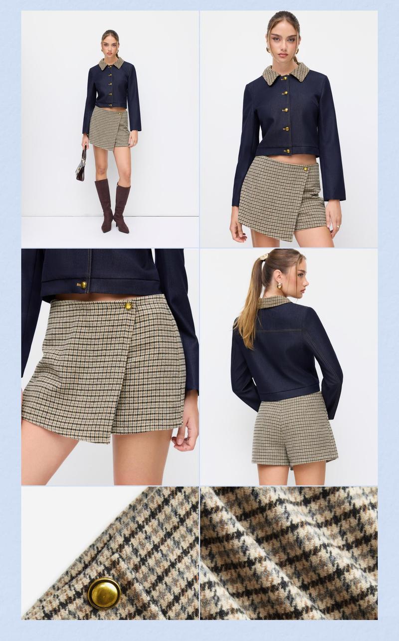 Cider Wool-look Mid Rise Houndstooth Asymmetrical A-line Mini Skort