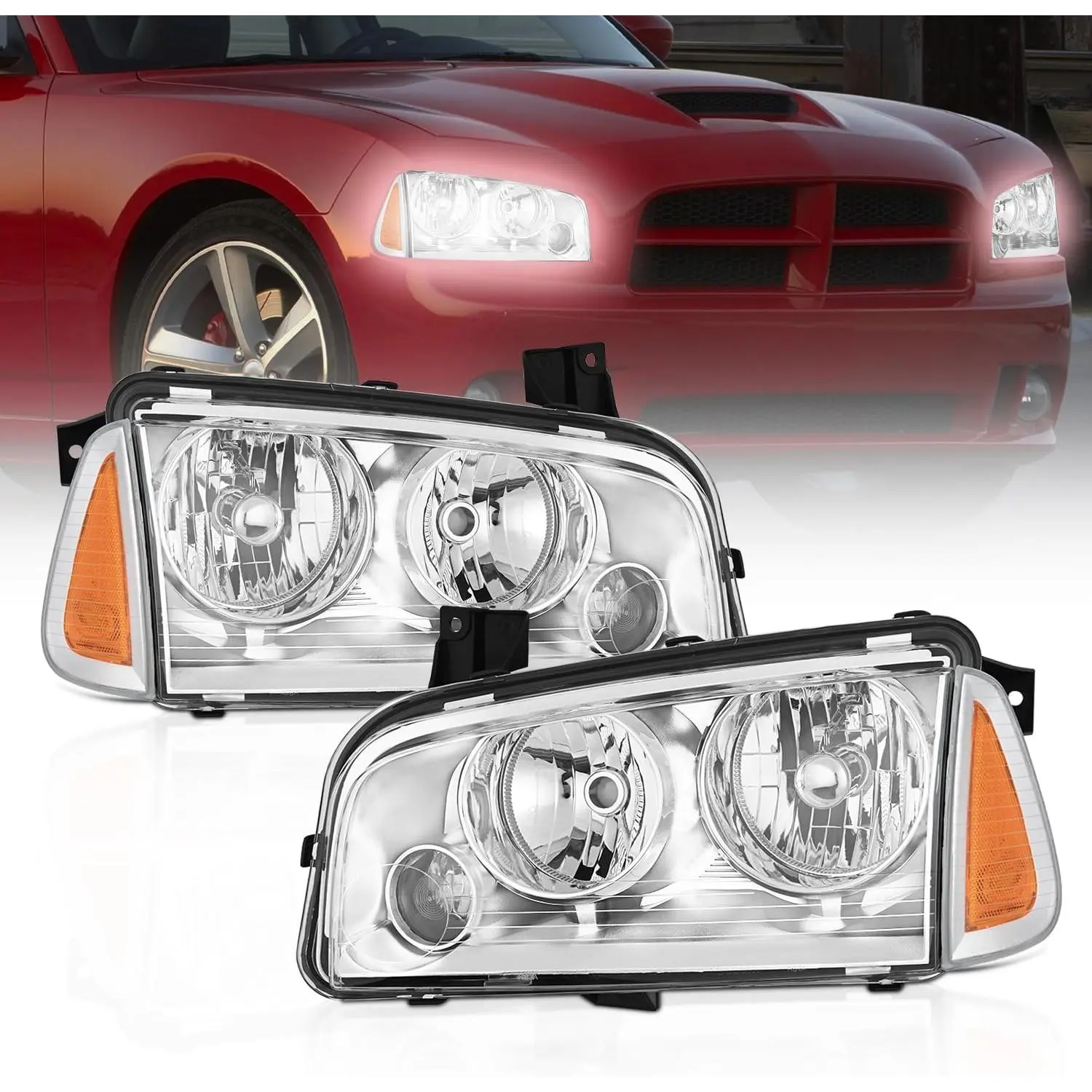 Nilight Headlight Assembly Compatible with 2006 2007 2008 2009 2010 Dodge Charger Chrome Housing Amber Reflector Clear Lens Headlights Replacement Bumper Lamp Set Driver and Passenger Side