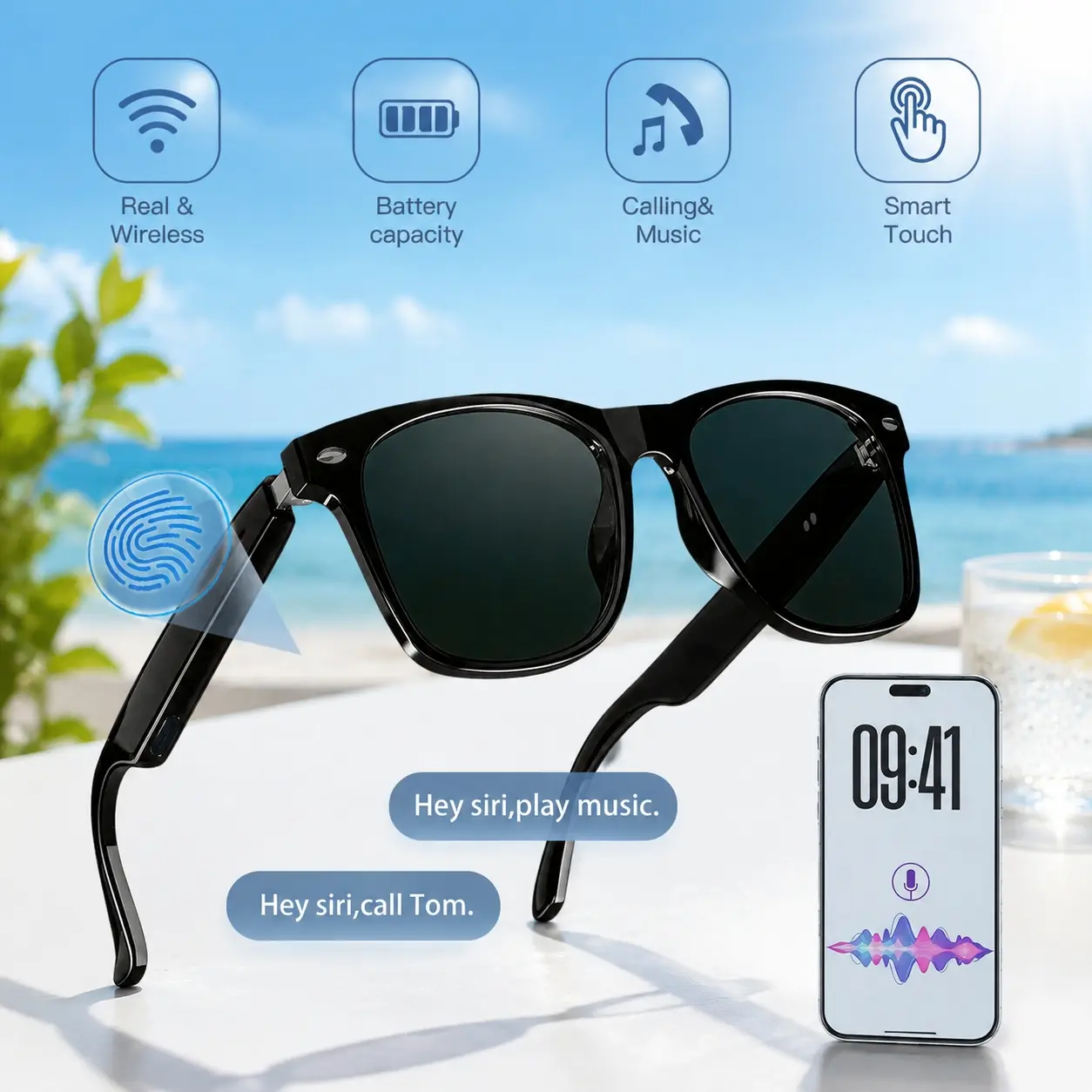 Smart Glasses, Wireless Bluetooth Glasses with Mic & Speaker, Touch Control,Hands-Free Calling & Music Playing, UV Protection,Open-Ear Audio Glasses for Driving, Cycling, Travel, Camping, Daily Use, Gift for Men Women