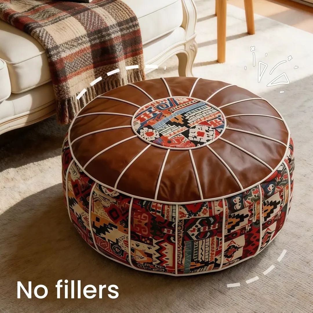 Multifunctional Storage Ottoman Pouf Cover, Faux Leather Ottoman Foot Rest with Hidden Storage, Boho Round Footstool Poufs, Fillable Pouf Ottoman for Blankets Clothes Pillows
