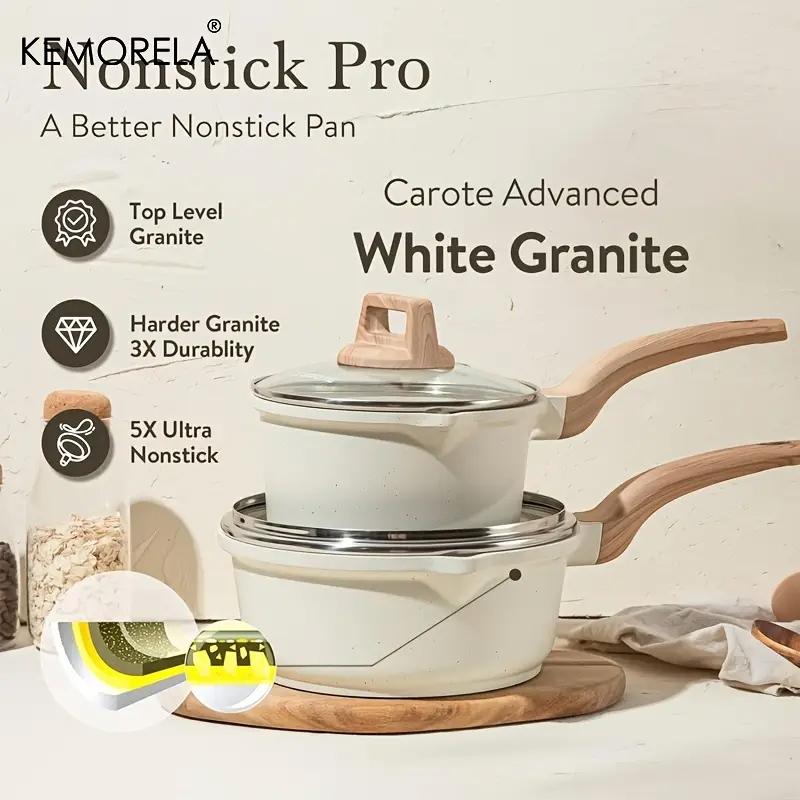 1Count Non-Stick Saucepan Set with Lid - Induction Compatible, PFOA-Free, Easy to Clean, Pour Spout, Light Beige with Wooden Handles, Ideal for Small Kitchen Cooking, Kitchen Essentials|Minimalist Kitchenware|Durable Cookware, Induction Cookware Sets