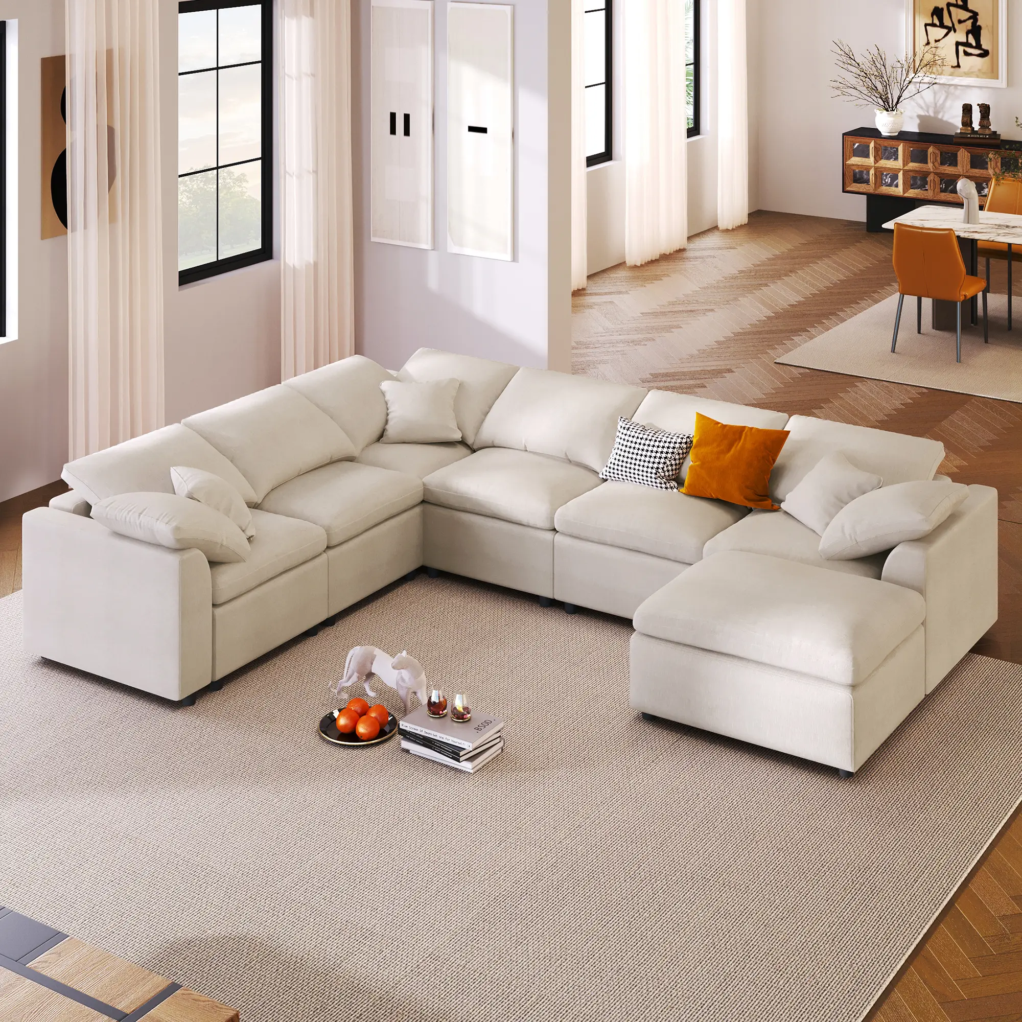 ARCH Extra Large 124.8" 7-Seater Modular Sectional Sofa with L-Shape Design & Movable Ottoman, Plush Chenille Fabric + Solid Pine Wood Frame for Living Room, Office, Spacious Space, Family Room, Living Room Furniture for Apartment, Lounge