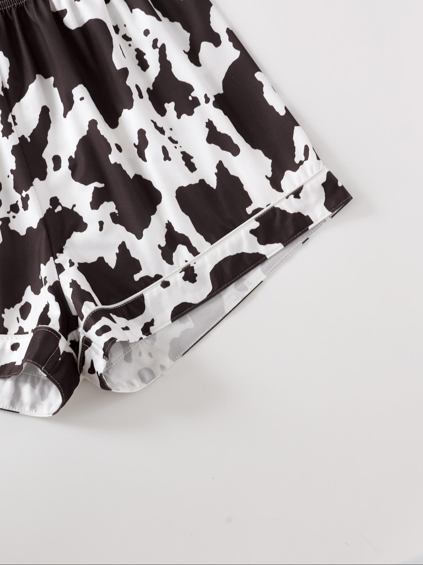 Women's Cow Print Notched Neck Crop Shirt & Shorts Pajama Two-piece Set, Elegant Comfy Short Sleeve Top & Shorts PJ Set, Ladies Sleepwear for All Seasons, Casual Sleepwear Set