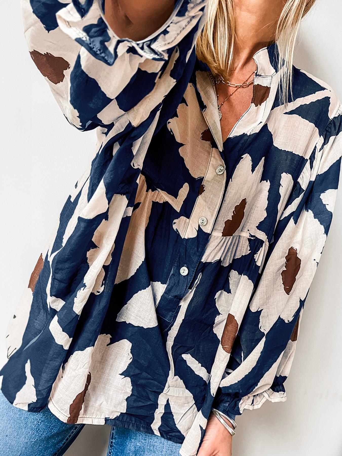 Women's Floral Print Long Sleeve Blouse, Casual Button Top for Daily Wear, Ladies Clothes for All Seasons