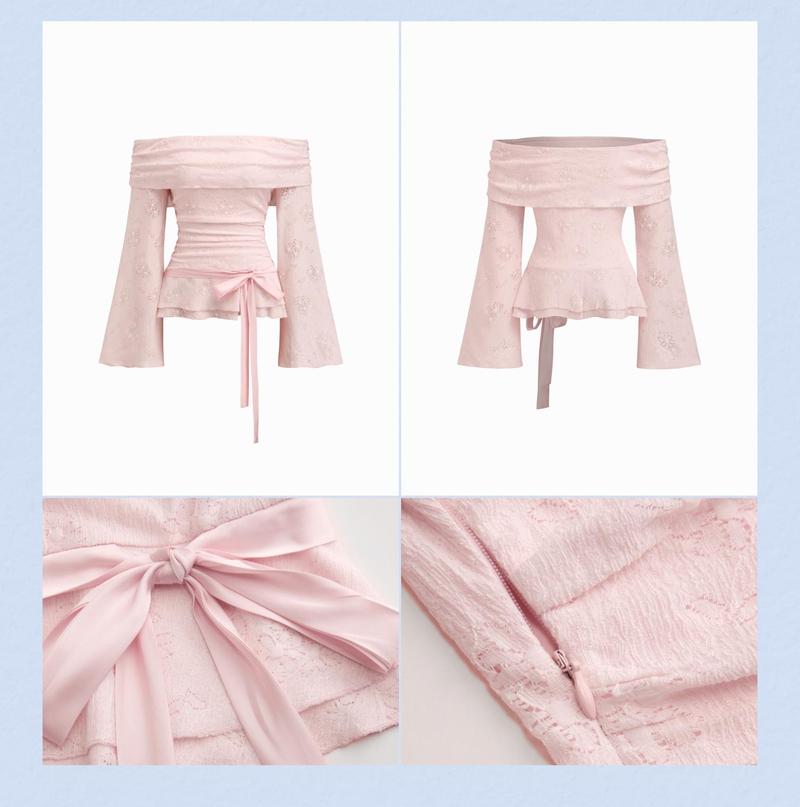 Cider Lace Off-shoulder Floral Knotted Ruched Long Sleeve Top