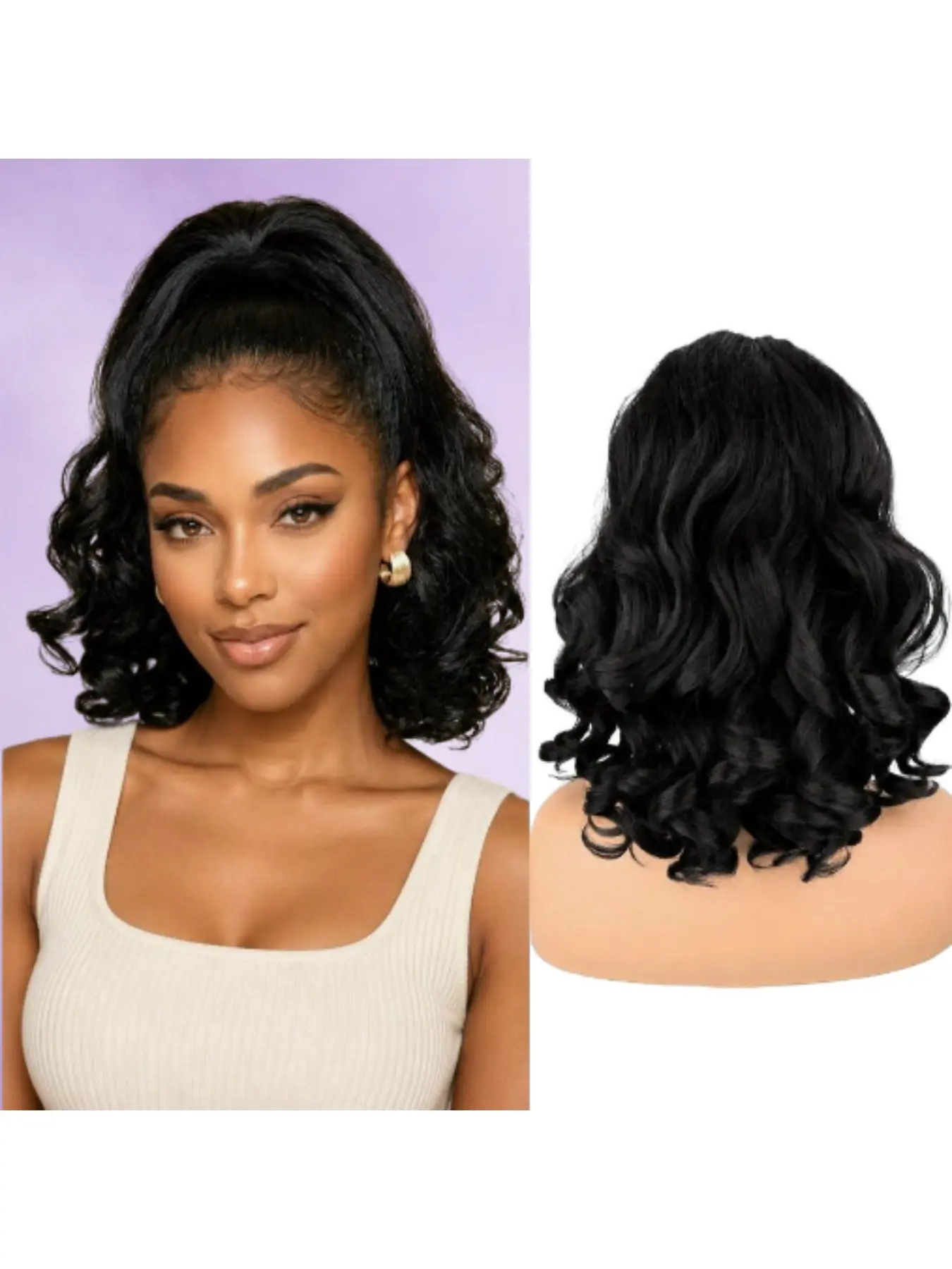 14 Inch Drawstring Ponytail, Fluffy Short Curly Ponytail with Loose Big Curly Ends, Roman Curl Hair Extension, Synthetic Hairpiece for Women, Curly Wavy Ponytail