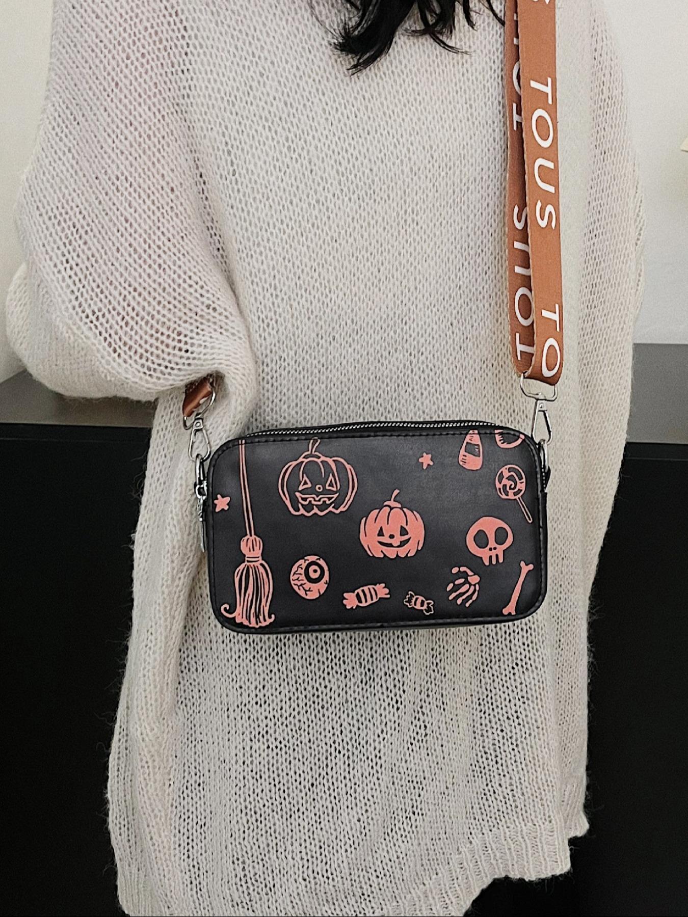 Skeleton & Pumpkin Pattern Crossbody Bag, Fashionable PU Leather Zipper Shoulder Bag for Women, Casual Trendy Versatile High-quality Daily Commuting Bag As Halloween Gift