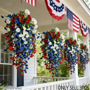 A Set of Three Artificial Flowers, Three Dimensional Flower in Red, White, Blue, Perfect for Hanging Decorations, July 4Th Celebrations, Weddings, Seasonal Home Decor, Gardens, Artificial Flower Bouquets, Faux Plastic Flowers