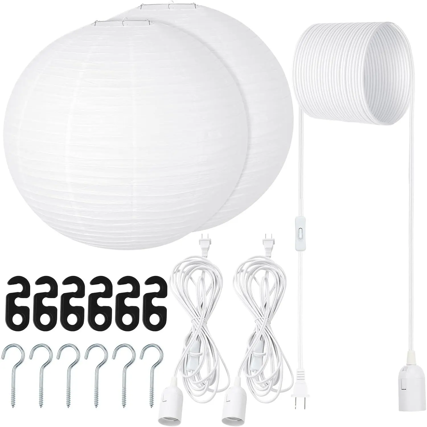 2 Sets  Paper Lanterns with Lamp Cord  White  Paper Lanterns Chinese  Pendant  Lamp for Birthday Wedding Bridal Anniversary Party Decoration (Round,16 Inch)