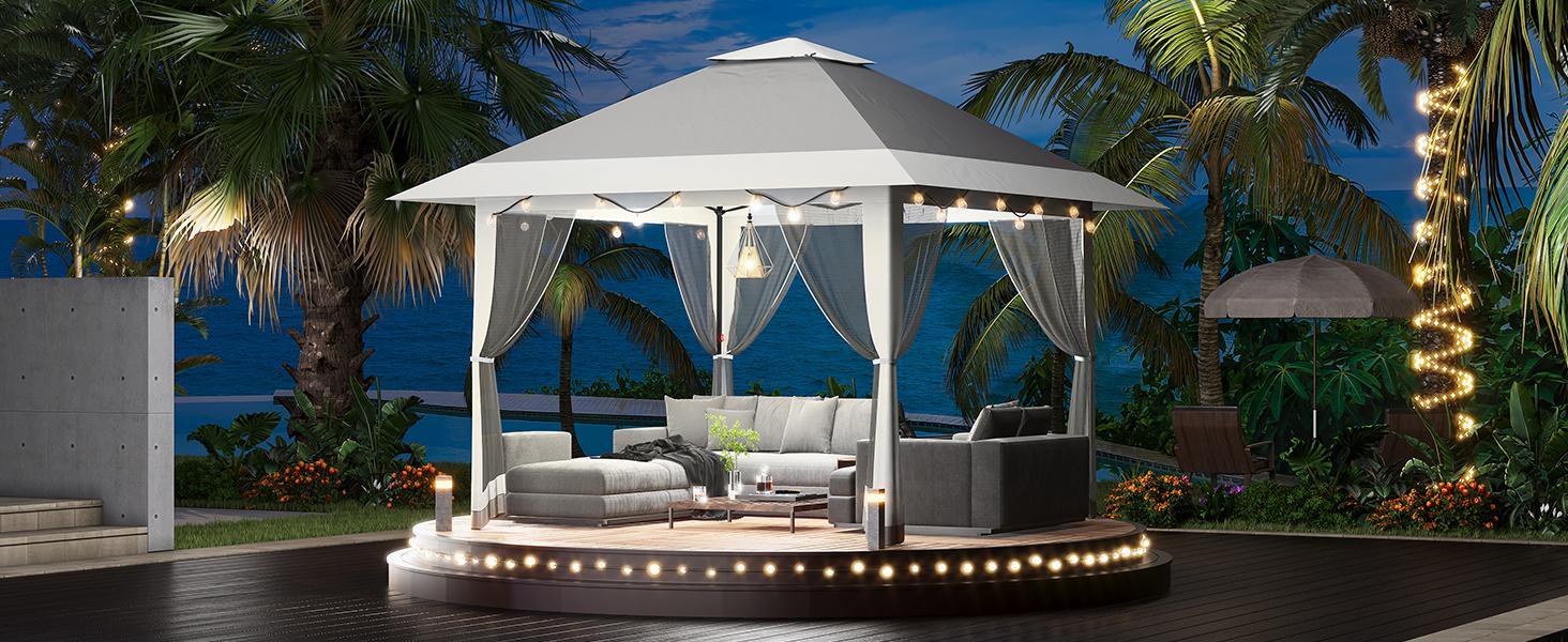 13x13FT Pop Up Gazebo, Outdoor Canopy Tent with Mosquito Netting, Pop Up Canopy with Double Roof Design & Adjustable Height, UV-Resistant Patio Gazebo Sunshade for Graden/Backyard/Lawn/Beach (Gray)