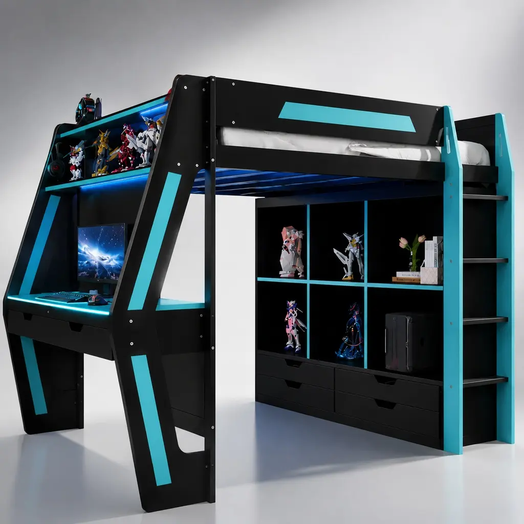 ARCH Full Size Gaming Loft Bed with Integrated Desk, Wood (MDF/Pine/Ply) Frame, RGB Lighting, USB Ports, 6 Cubbies, 6 Drawers, Safety Staircase, Black+Blue, 246.92 lb High Weight Capacity, 60.20" w x 92.70" d x 65.00" h, Assembly Required, for Teens