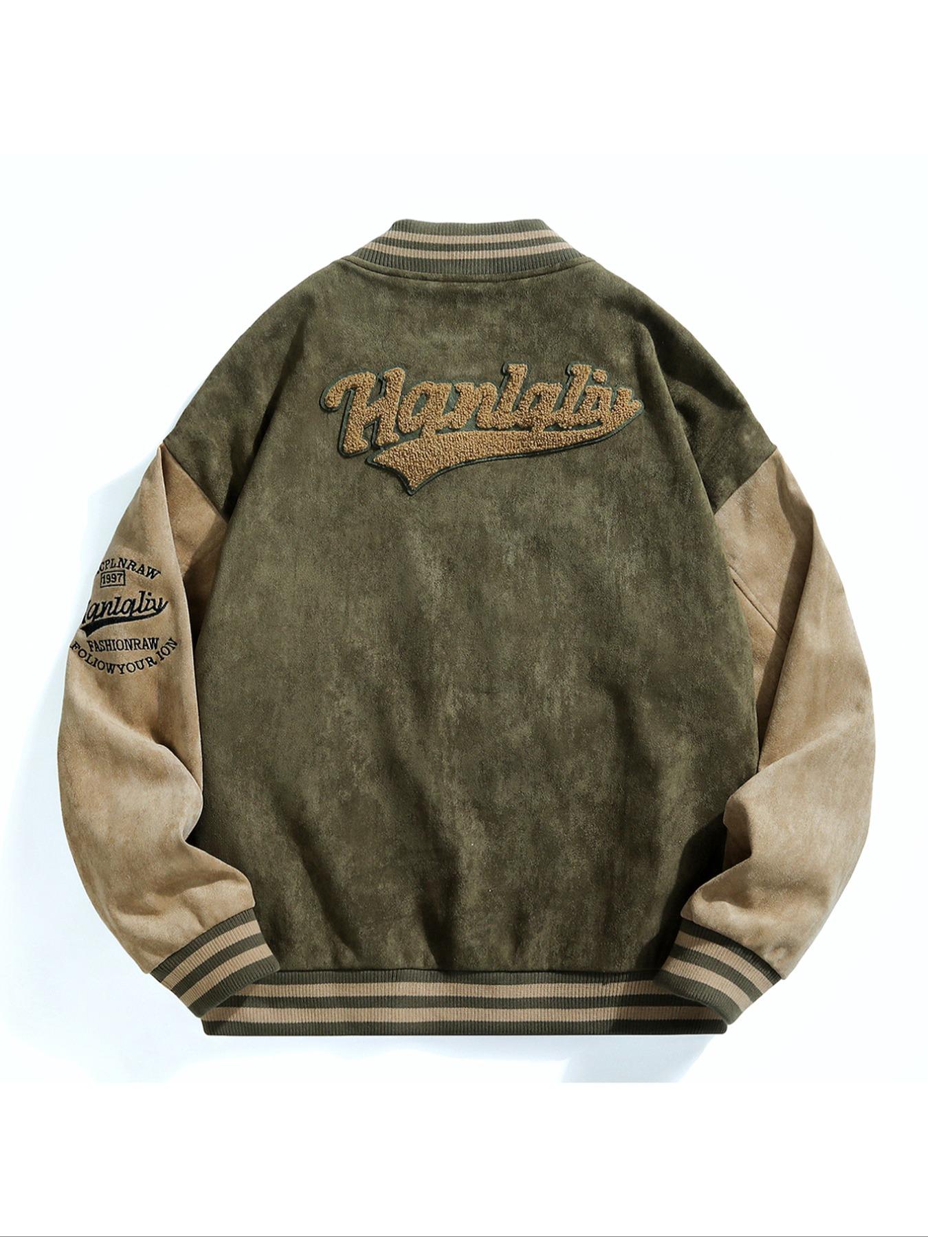 Men's Patchwork Letter Embroidery Button Front Vintage Varsity Jacket, Casual Drop Shoulder Long Sleeve Baseball Collar Outerwear for Fall & Winter, Men's Clothes for Daily Wear