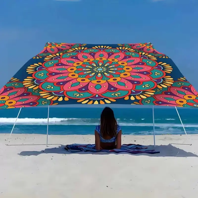 Boho Mandala Gradient Outdoor Canopy Beach Shade Sail, Thick Sun Protection, Easy Installation, Garden Courtyard Poolside, No Stand Included