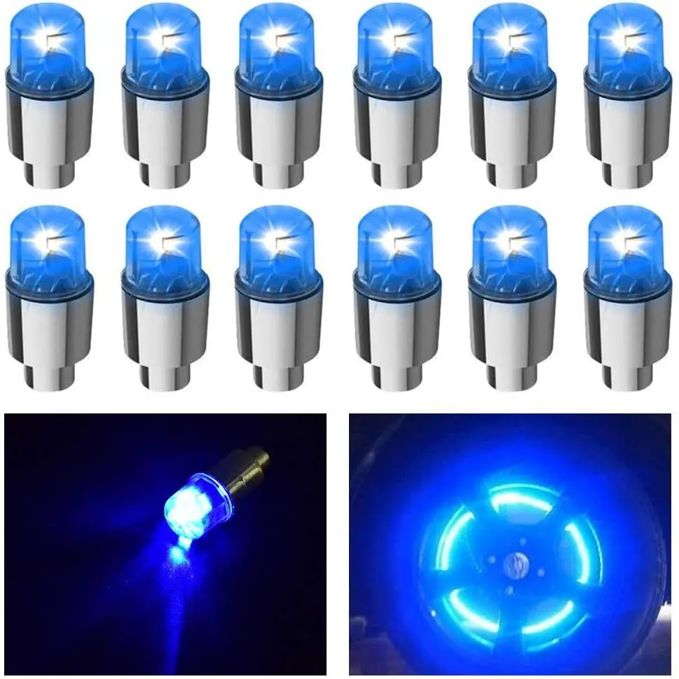 12 PCS LED Wheel Lights Flash Light Tire Valve Cap Lamp Car Trucks Motorcycle Bike (Blue)