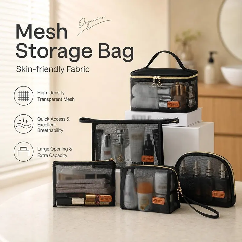 Transparent Mesh Travel Makeup Organizer Bag, Clear Cosmetic Bag, Large Capacity Handheld Cosmetic Storage, Breathable, Easy Access, Portable & Hangable