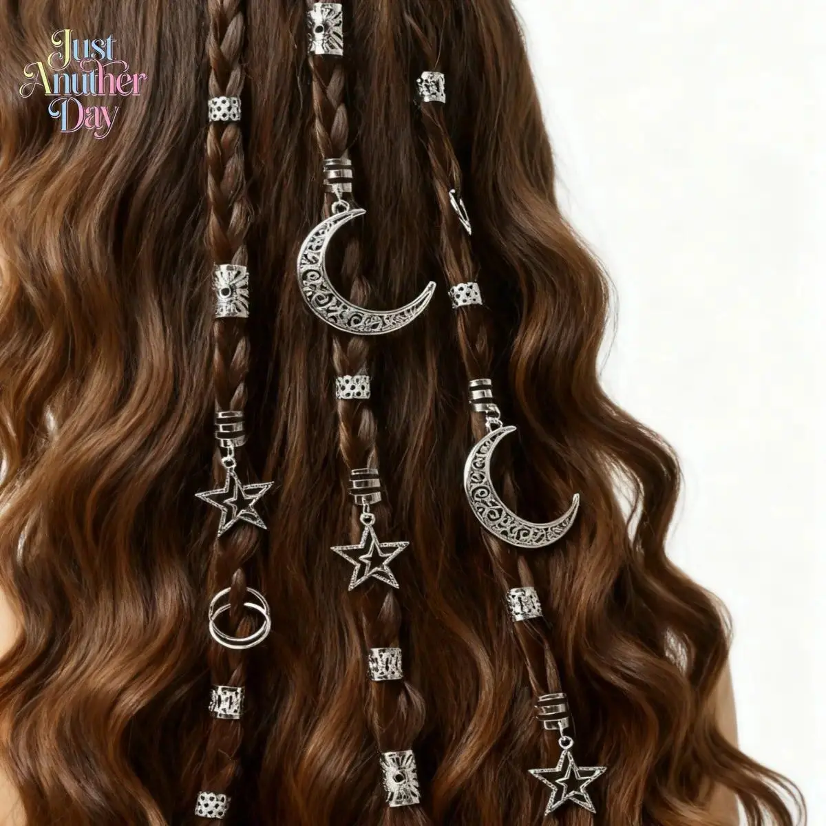 45 PCS Boho Hair Jewelry Set With Sun Moon And Star Silver Charms, Adjustable Hair Beads And Hair Rings For Decorating Dreadlocks, Braids And Twists For Hippie Outfits, Music Festivals And Themed Party Styling