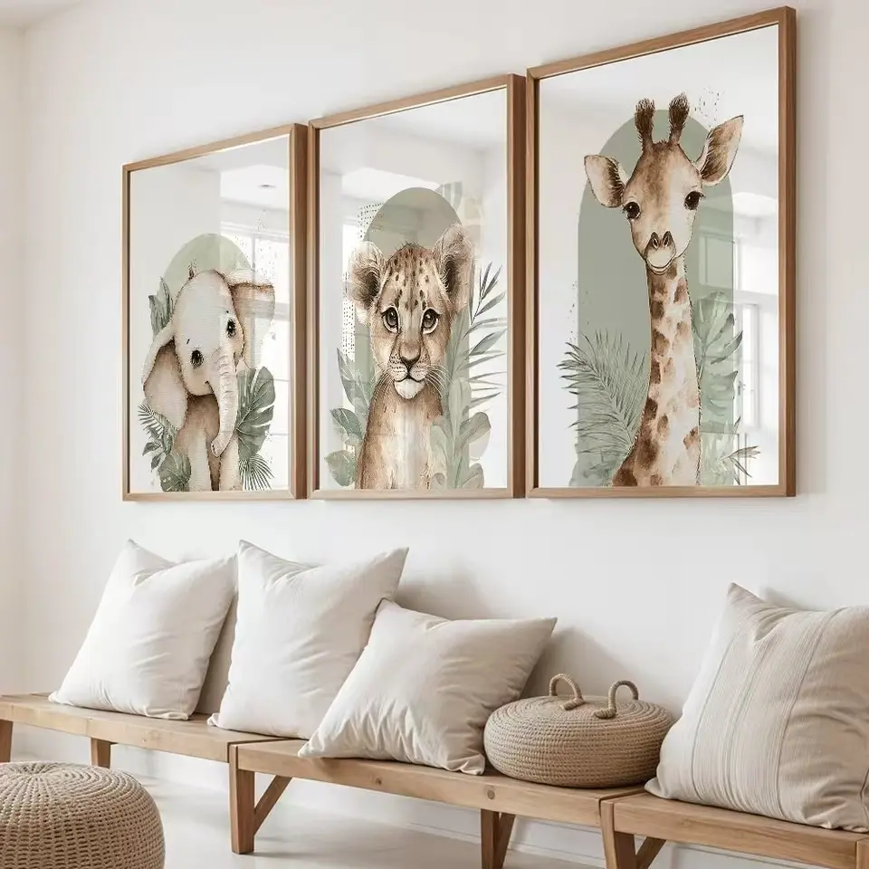 3pcs Vintage Elephant Lion and Giraffe Animal Canvas Printing Green Jungle Wall Art Frameless Poster Modern Children's Room Home Decoration