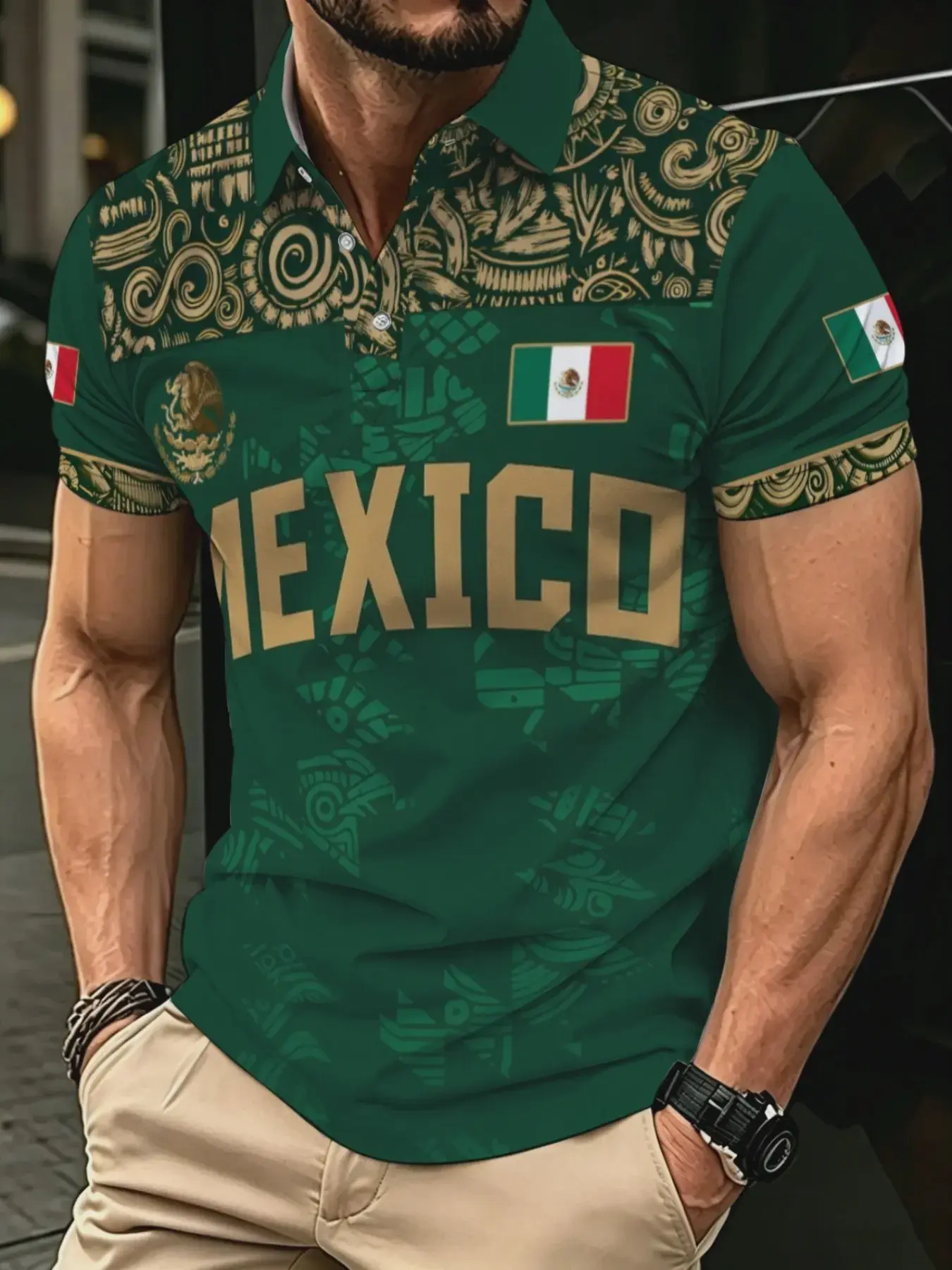 Men's Mexico Element Printed Polo Shirt, Short Sleeve Lapel T-Shirt, Fashion Casual Sports Top, All Seasons Wear
