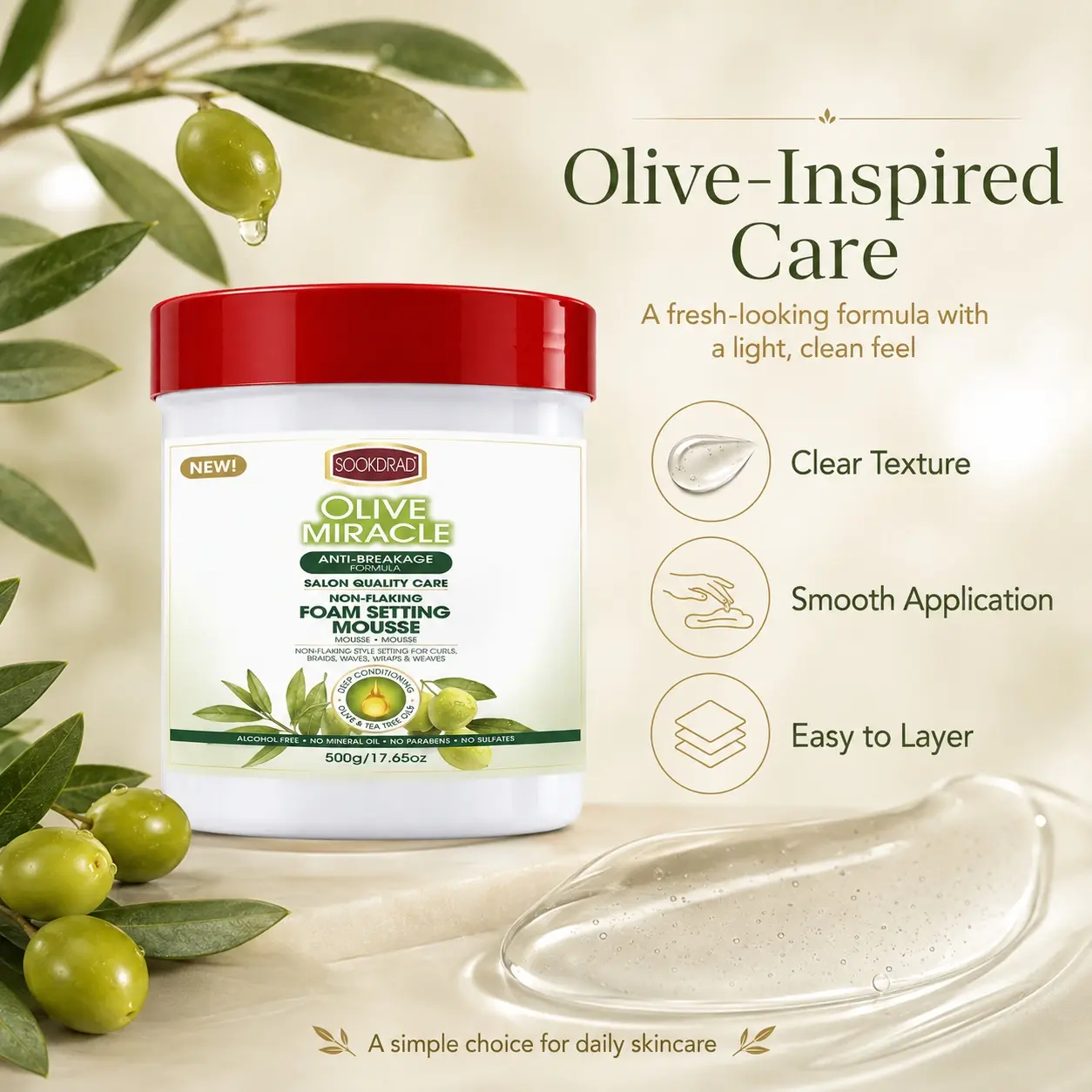 Olive Miracle Anti-Breakage Foam Setting Mousse, with Olive and Tea Tree Oils, Non-Flaking, Deep Conditioning, Salon Quality Care, For Curls, Braids, Waves, Wraps, Weaves, Alcohol Free, No Mineral