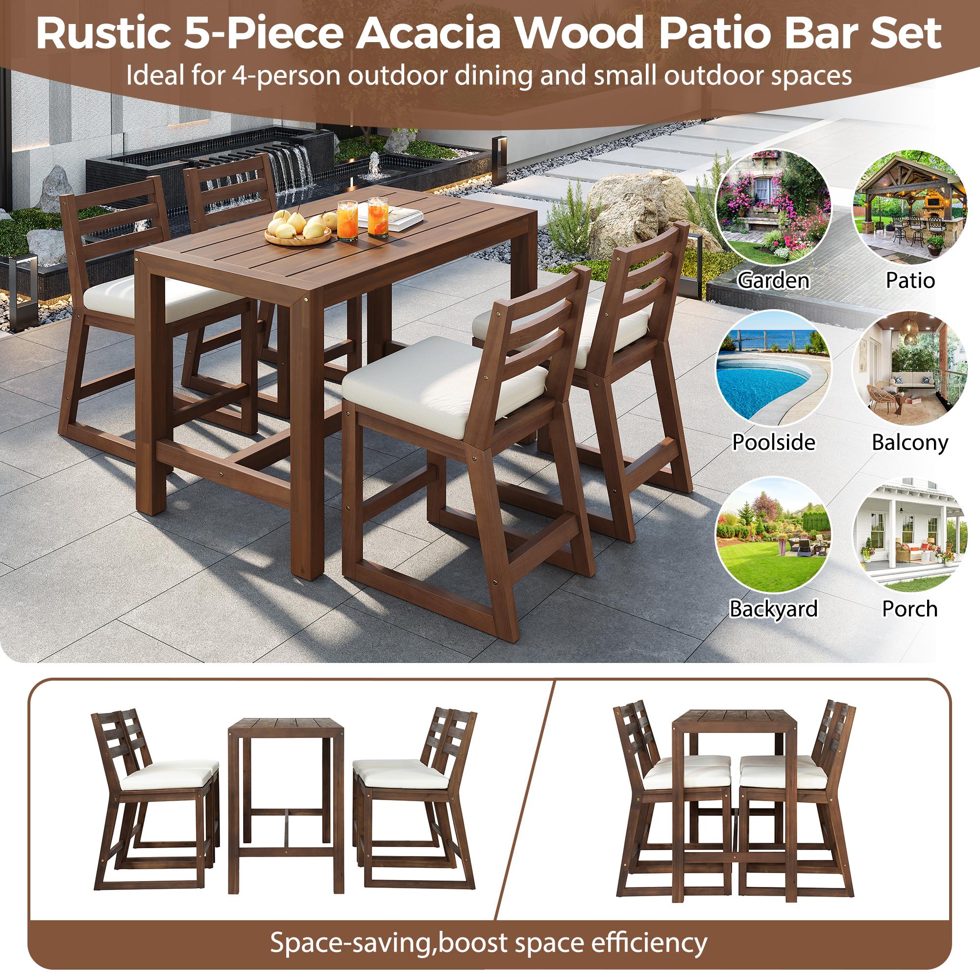 ARCH TREXM 5-Piece Rustic Patio Bar Set, Patio Table and Chairs Set with Ergonomic Chairs, Solid Wood Slatted Tabletop for Poolside, Balcony, Backyard, Porch (Mocha+Beige Cushion)