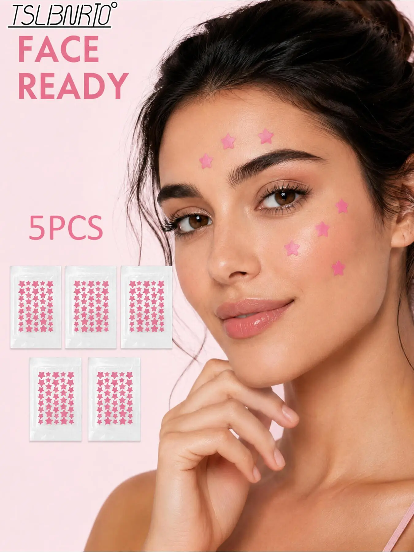 5PCS Pink Star Concealer with assorted star sizes neatly arranged, easy to take and store, stay attached steadily, perfect for fun facial styling at festivals, parties and outdoor trips