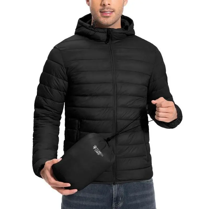 Men's Lightweight Inflatable Hooded Jacket Insulated Warm Winter Outdoor Running Coat Breathable Stretch Casual