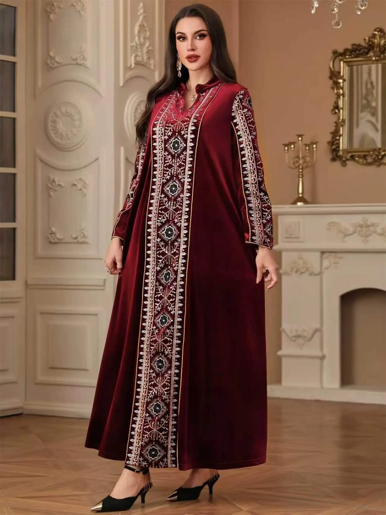Hafizah Wine Velvet Kaftan, Ethnic Embroidery Long Robe, Stand Collar Half Open Front, Long Sleeve, Party Dress, All Seasons