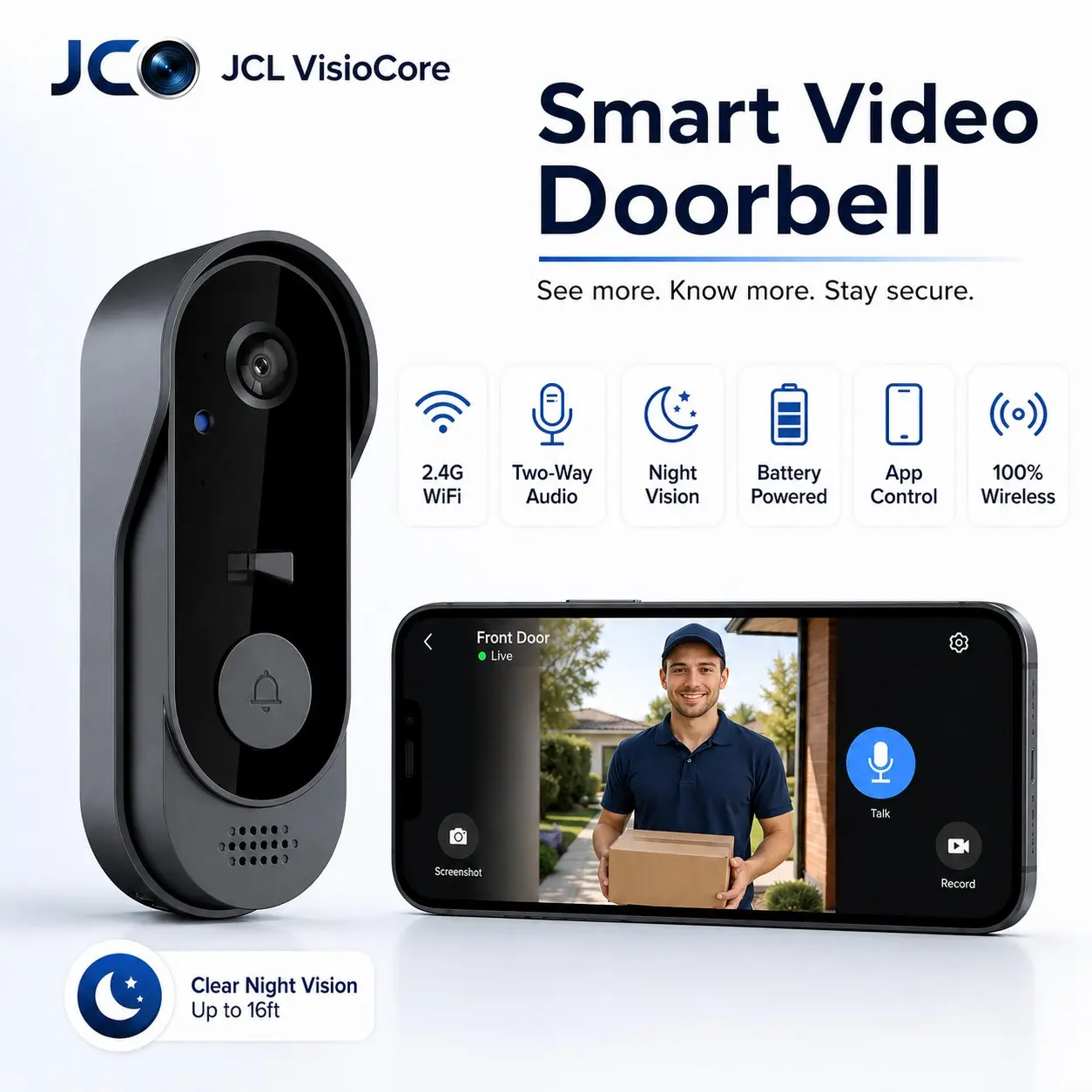 Smart Wireless Video Doorbell Camera with Chime, 2.4g WiFi, Night Vision, Two-Way Talk, Real-Time Alerts, Cloud & SD Storage, Rechargeable Battery