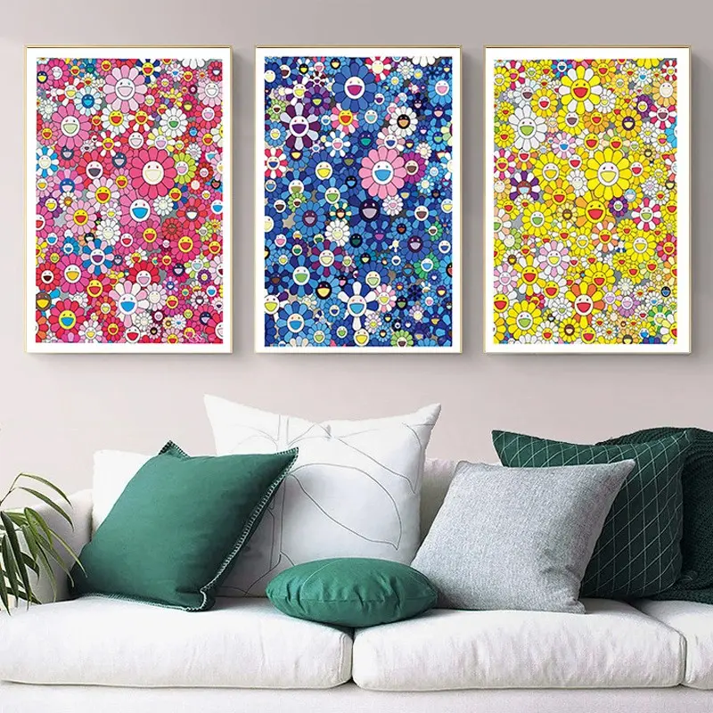 3pcs/set Unframed Art M-Murakami T-Takashi Flower Poster HD Home Decor  Wall Waterproof Home Living Room Bar Aesthetic Decor