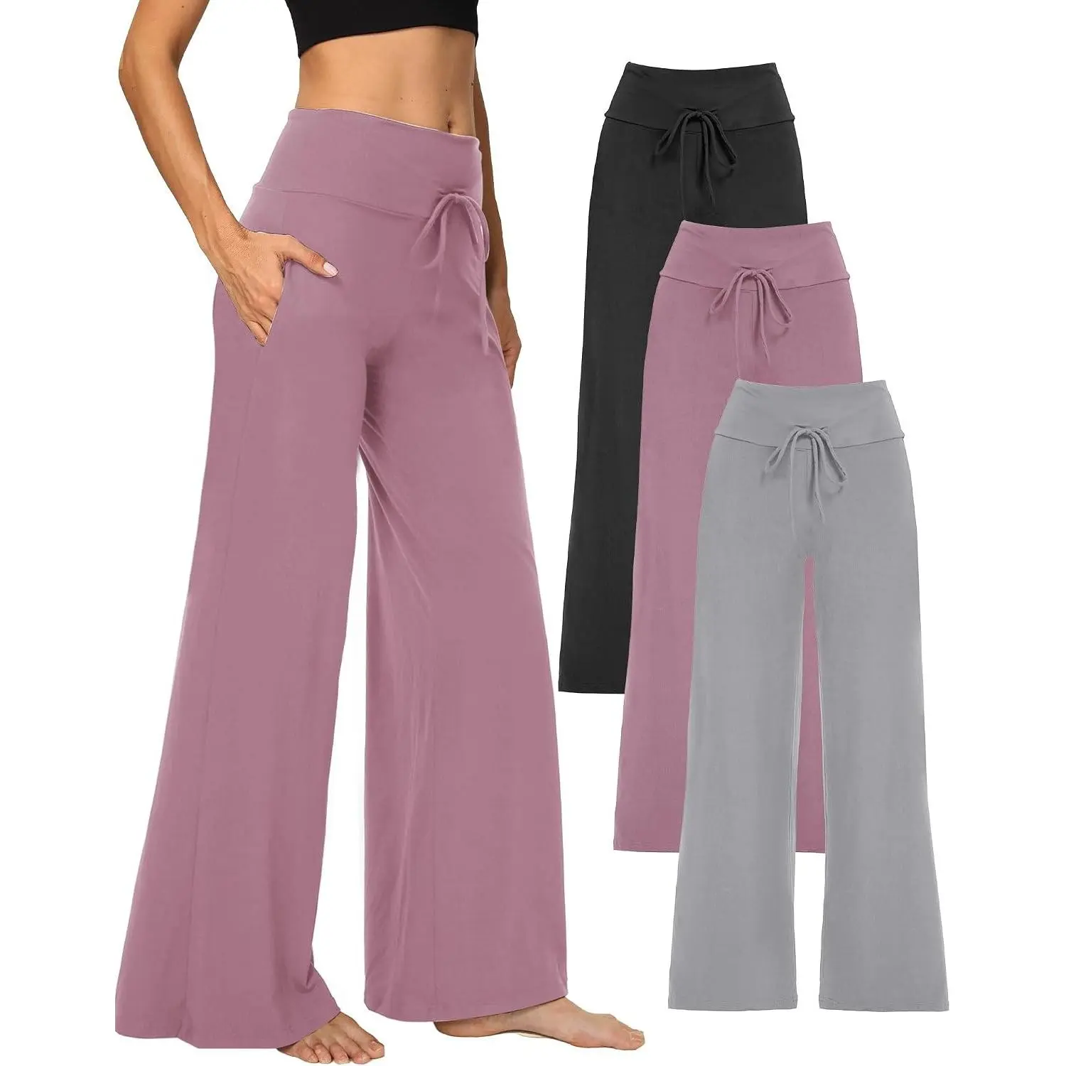 1/3 Pack Women's Wide Leg Pants with Pockets, Casual Loose Pajama Palazzo Trousers Sweatpants for Yoga Lounge