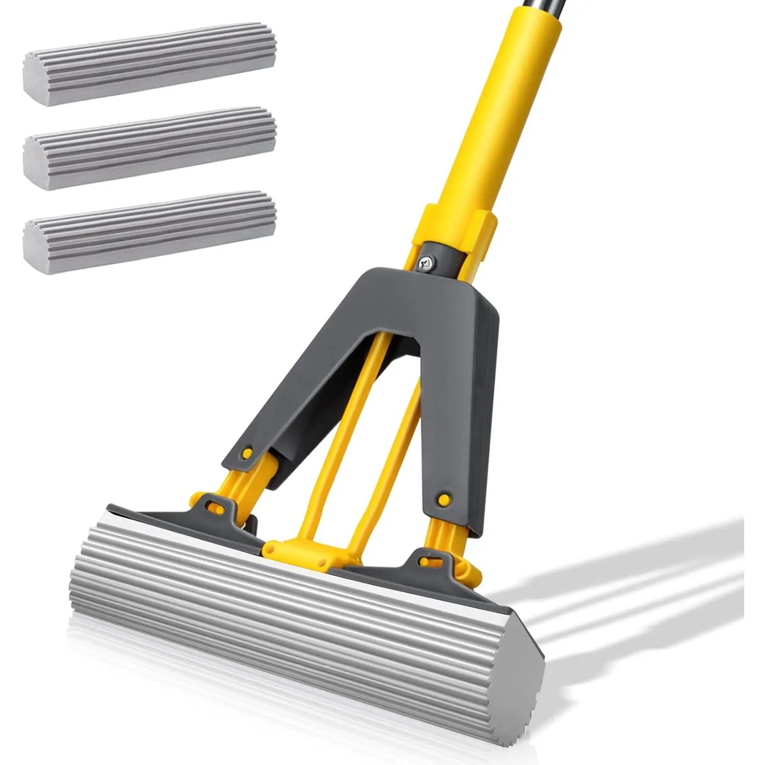 Self Squeeze Sponge Mop, Comes with 3 PVA Absorbent Mop Refills, Roller Sponge Mop with 52'' Stainless Steel Handle for Kitchen Bathroom Office Hardwood Laminate Floor Cleaning