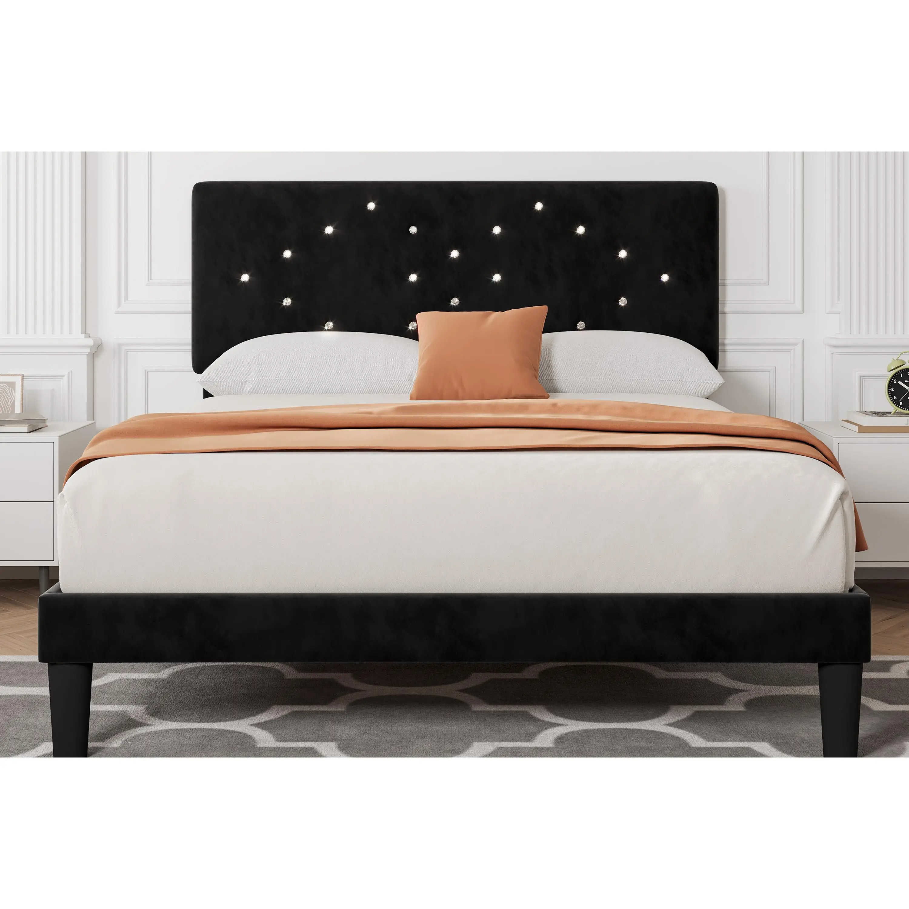 Crystal Diamond Tufted Platform Wooden Slats Support Bed Frame with Upholstered Headboard for Girls/Kids, Easy Assembly