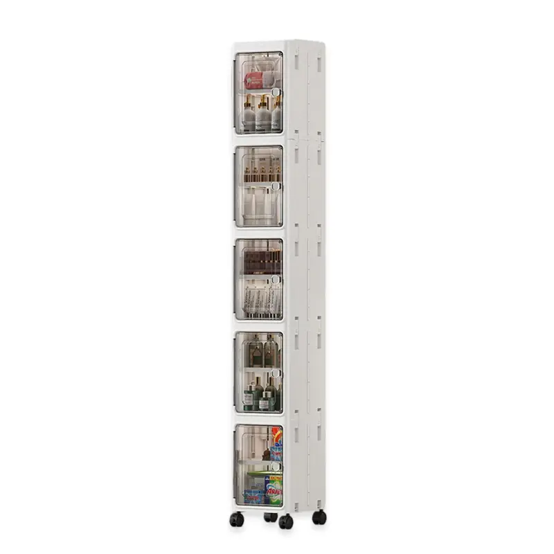 Nifogo 5-Tier Plastic Collapsible Organizer with Foldable Compartments - 5-Piece Fold-Flat Stackable Storage Bins with Lids, Dustproof Portable Lidded Bins (Hides Mess) with Wheels, White 157cm for Office/Dorm Use
