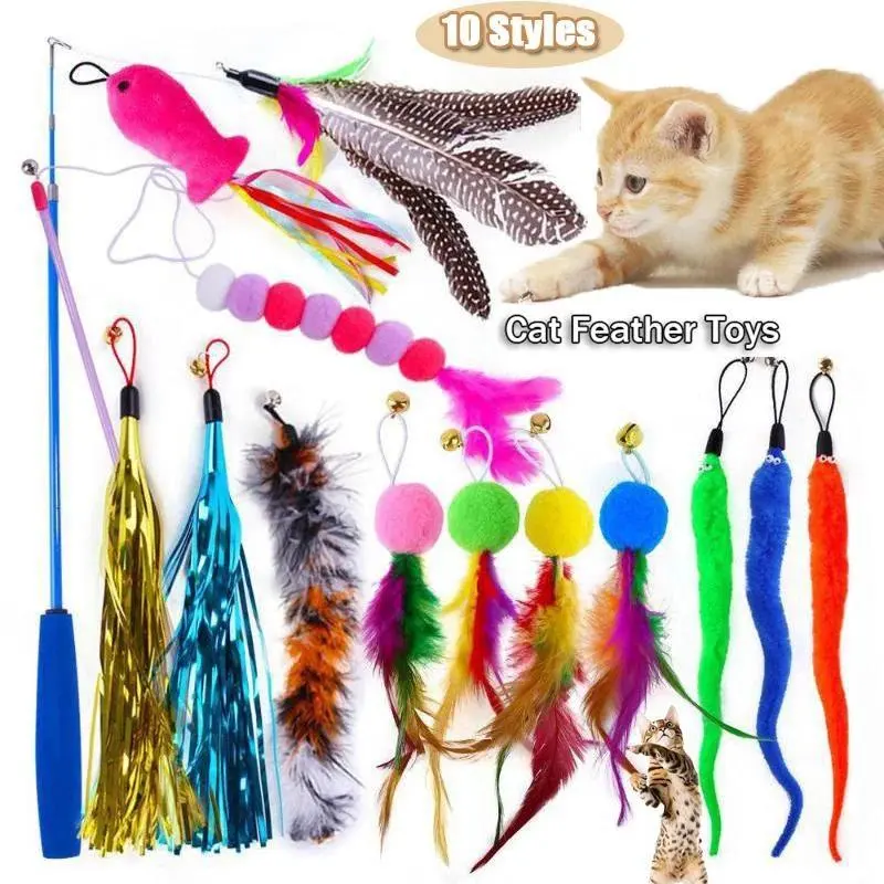 10 Types of Cat Feather Toys, Lazy Cat Teasing Toys, Self-entertaining Feather Replacement Head Toy Set, Telescopic Rod Toys for Teasing Cats, Accompanying Training, Suitable for All Cats.