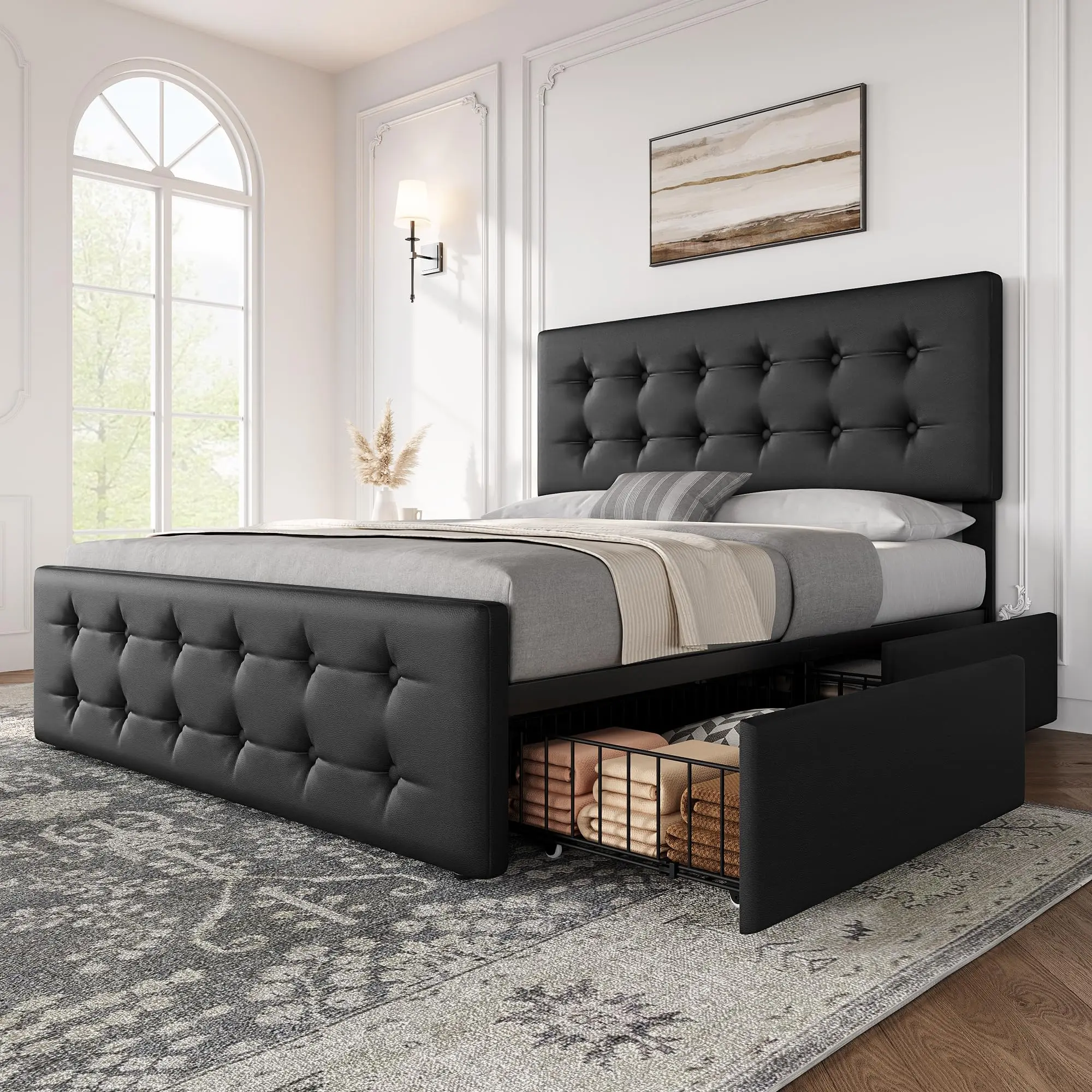 YJ-Garvee Queen Size Bed Frame with 4 Storage Drawers and Headboard, Upholstered Platform Bed Frame in Faux Leather with Wooden Slat Support, Button-Tufted Design, Black